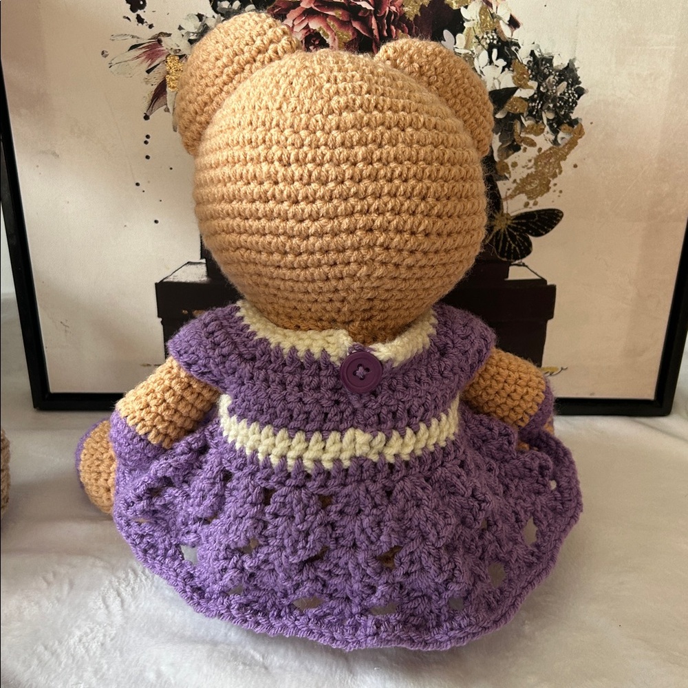 Crochet Teddy Bear with Purple Dress - Handmade - Picture 5 of 6